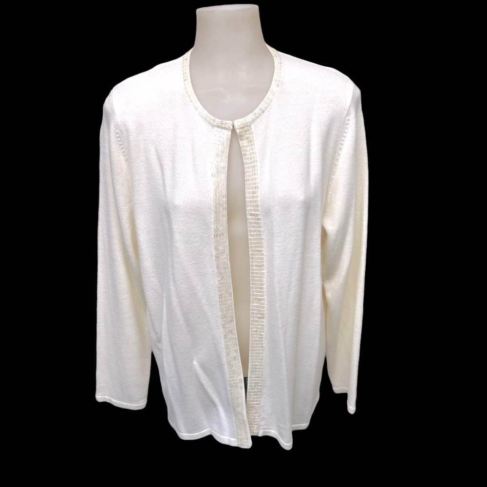 DESIGNERS ORIGINALS Sweater Cardigan Open Split Cream Shimmer Trim Size M - Picture 3 of 12